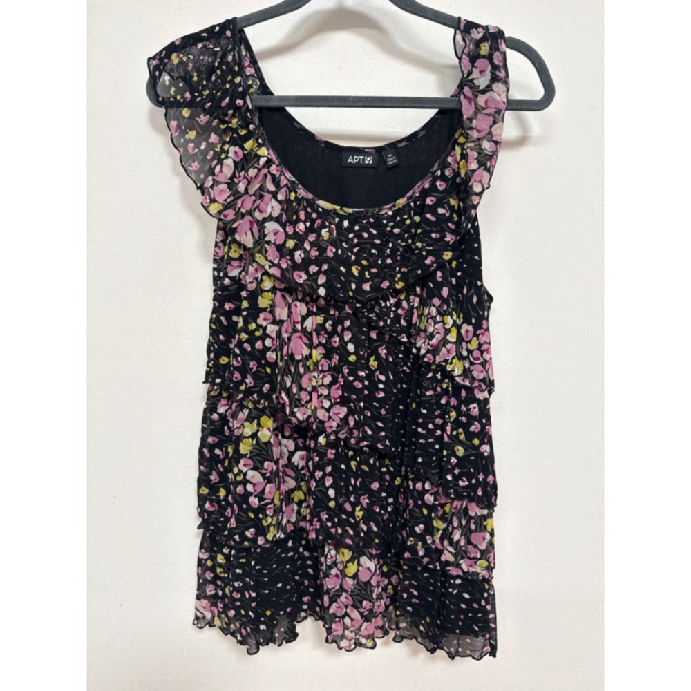 Apt. 9 Floral Ruffle Tiered Mesh Sleeveless Blouse Black Pink XL